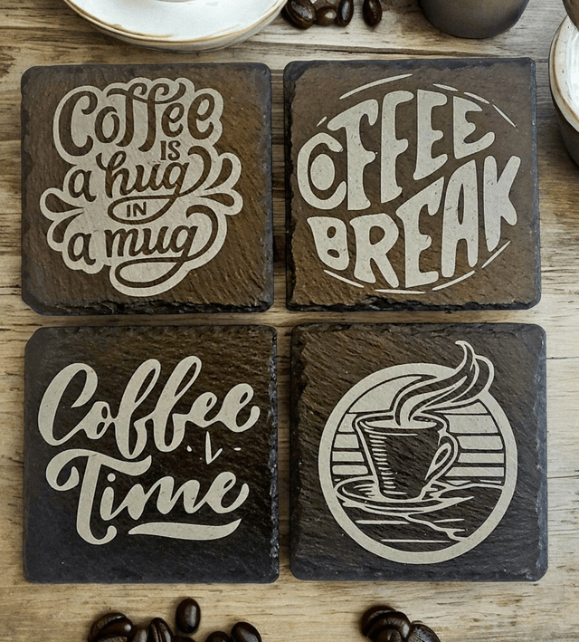 Slate Coasters - Coffee Time 4 Pack Plus Complimentary Storage Caddy.