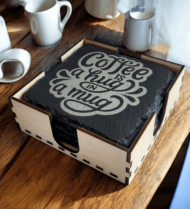 Slate Coasters - Coffee Time 4 Pack Plus Complimentary Storage Caddy.
