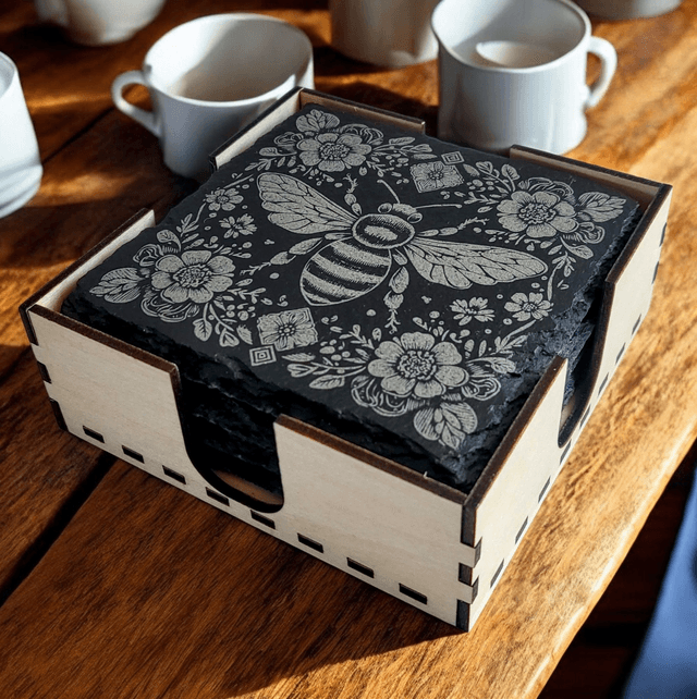 Bee Coasters Set of 4 - With Free Storage Caddy.