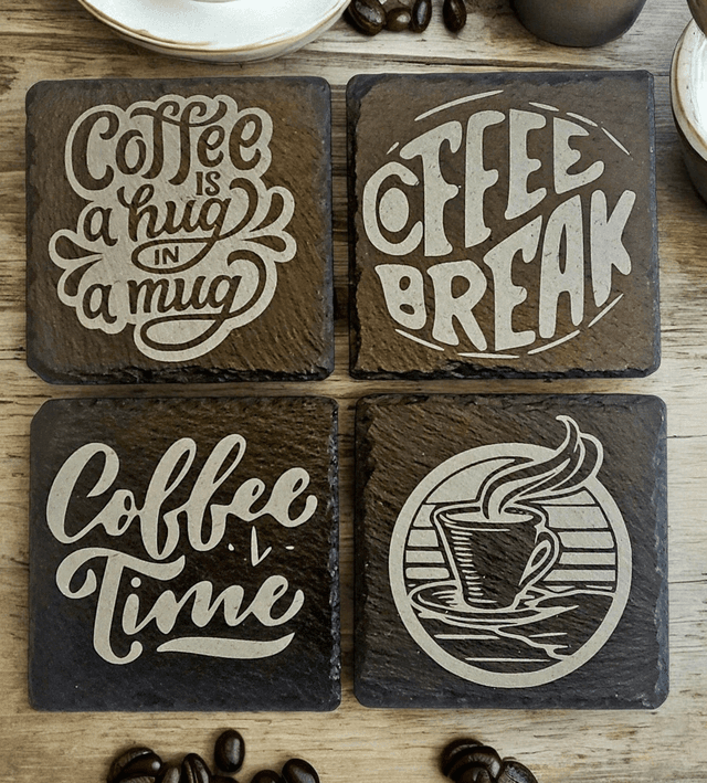 Slate Coasters - Coffee Time 4 Pack Plus Complimentary Storage Caddy.